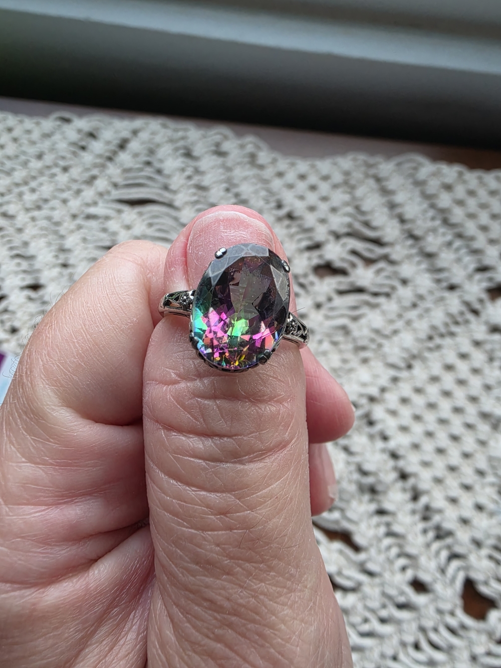 Mystic Topaz Oval Cocktail Ring - Pink Green Rainbow